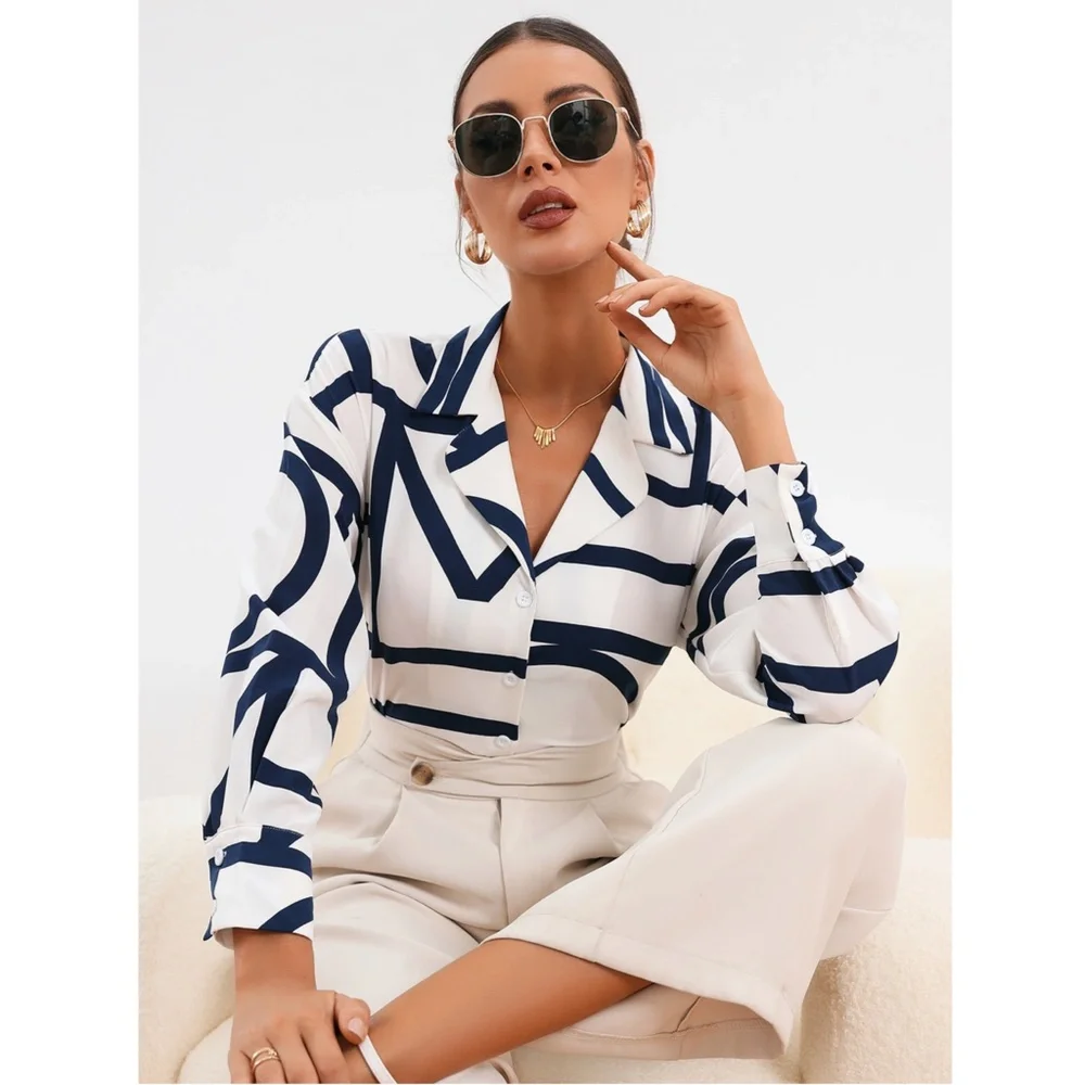 Geometric Print Blouse Buttoned Shirt White - Picture 7 of 9